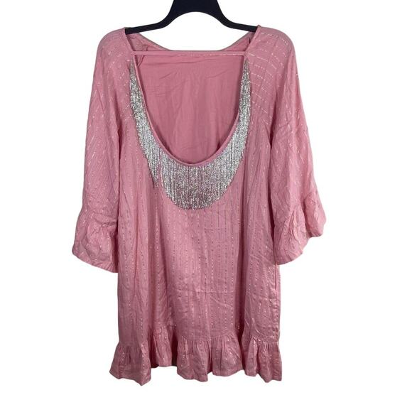 Boston Proper Dress Womens Large Pink Gold Striped Beaded Silver Fringe Low Back - Picture 1 of 15